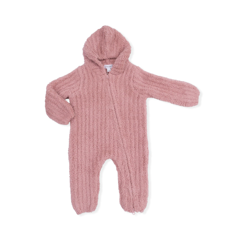 Chenille - Rose Hooded Romper with Striped Texture