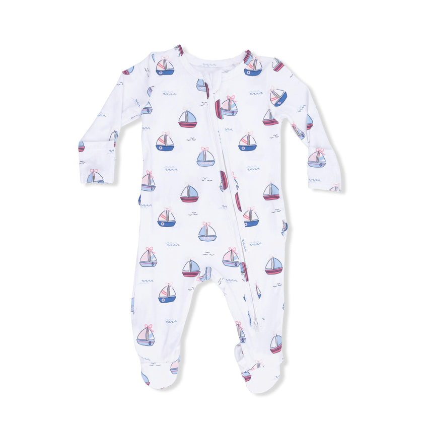 Bubbly Sailboats Pink - 2 Way Ruffle Back Zipper Footie