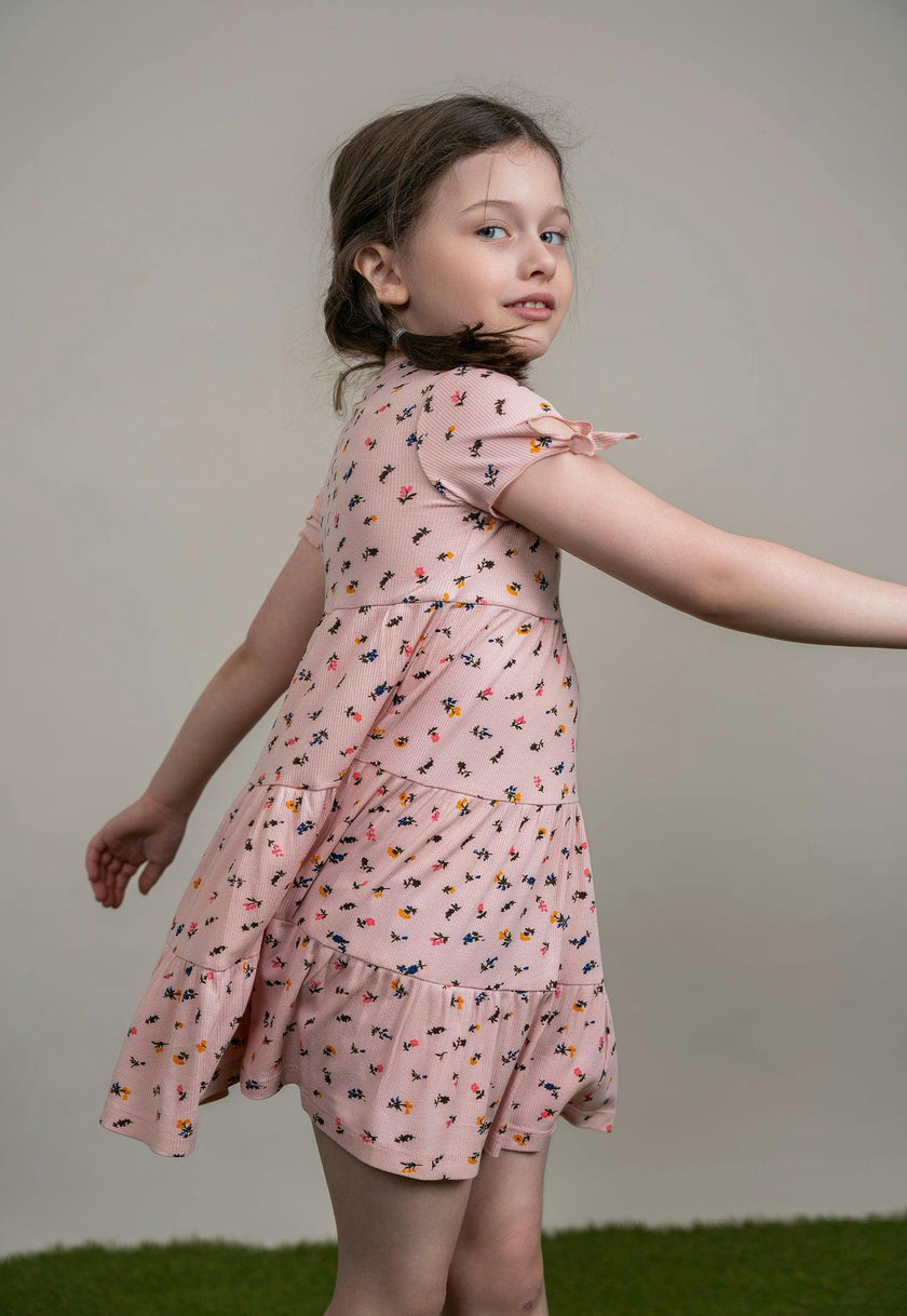 Multi Flower Print Ribbed Short Sleeve Dress