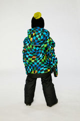 Two Piece Play Snowsuit Green Yellow And Blue Checkerboard With Black Pants