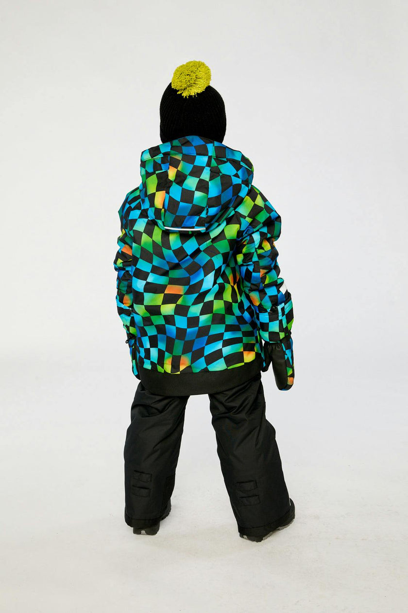 Two Piece Play Snowsuit Green Yellow And Blue Checkerboard With Black Pants