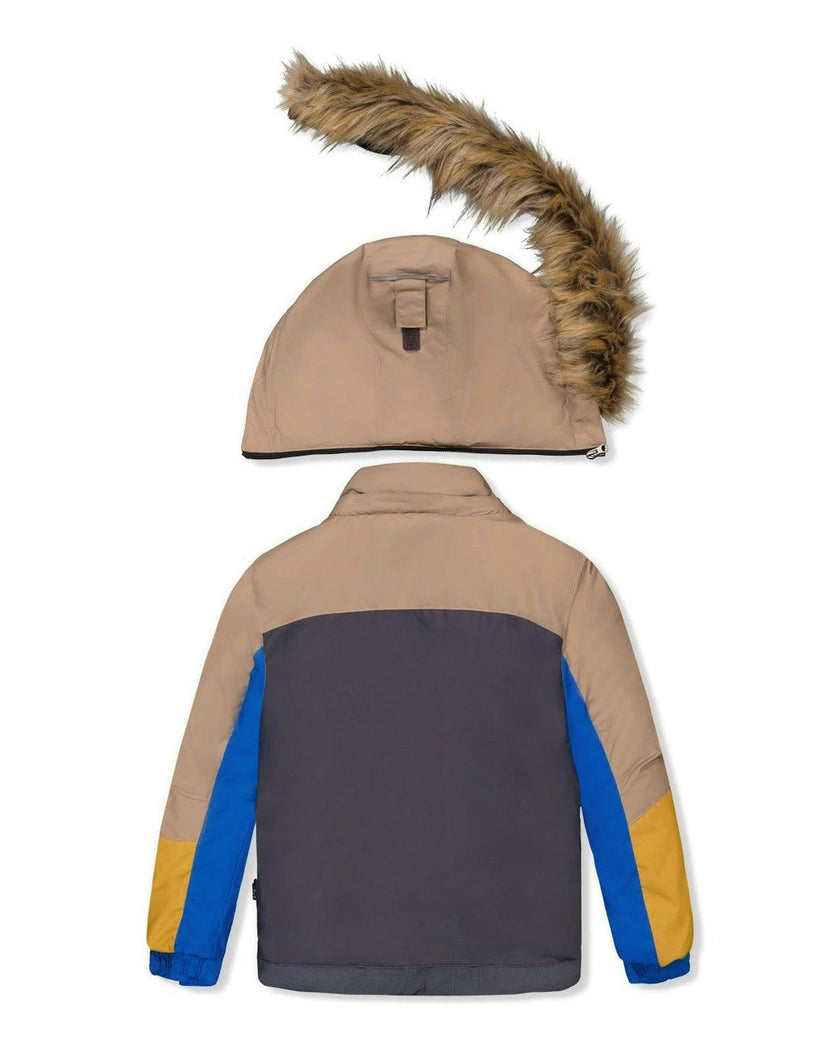 Two Piece Play Snowsuit Colorblock with Grey and Blue Dinosaur Print Pants