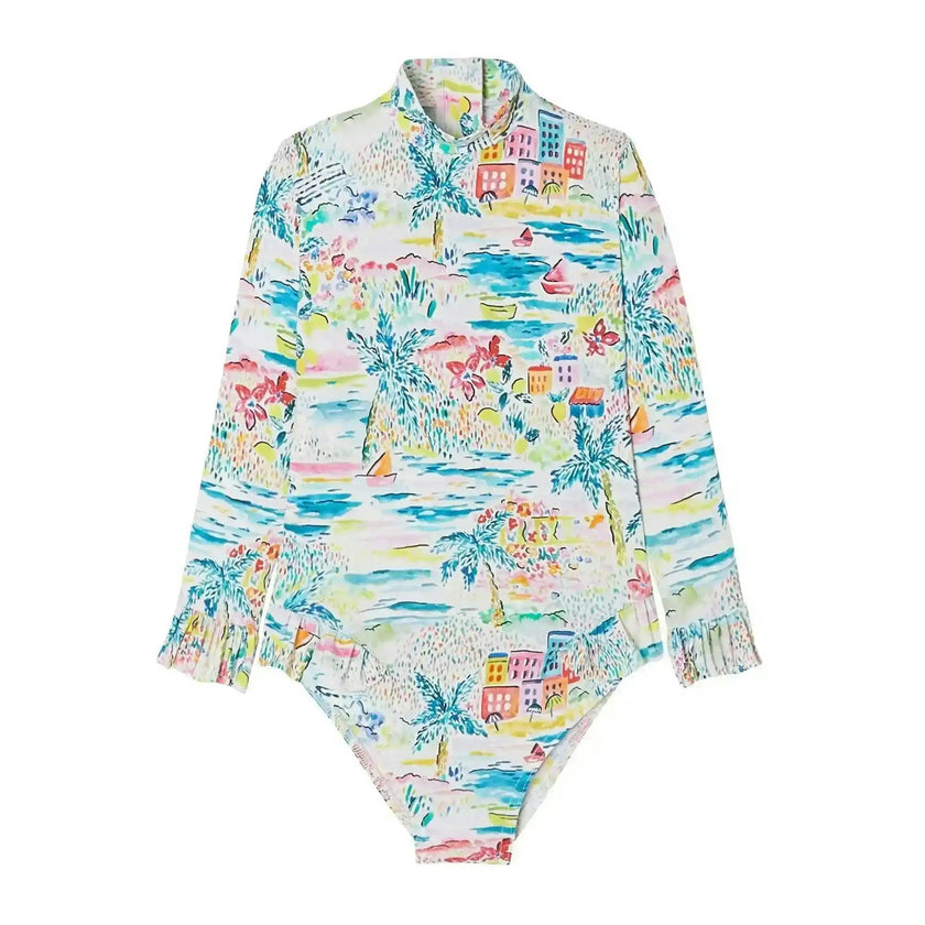 Long-sleeved one-piece swimsuit, aqua | GIGI BABY
