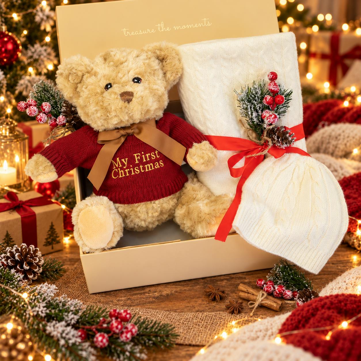 My First Christmas Baby Personalized Cashmere Blanket and Teddy Gift Set