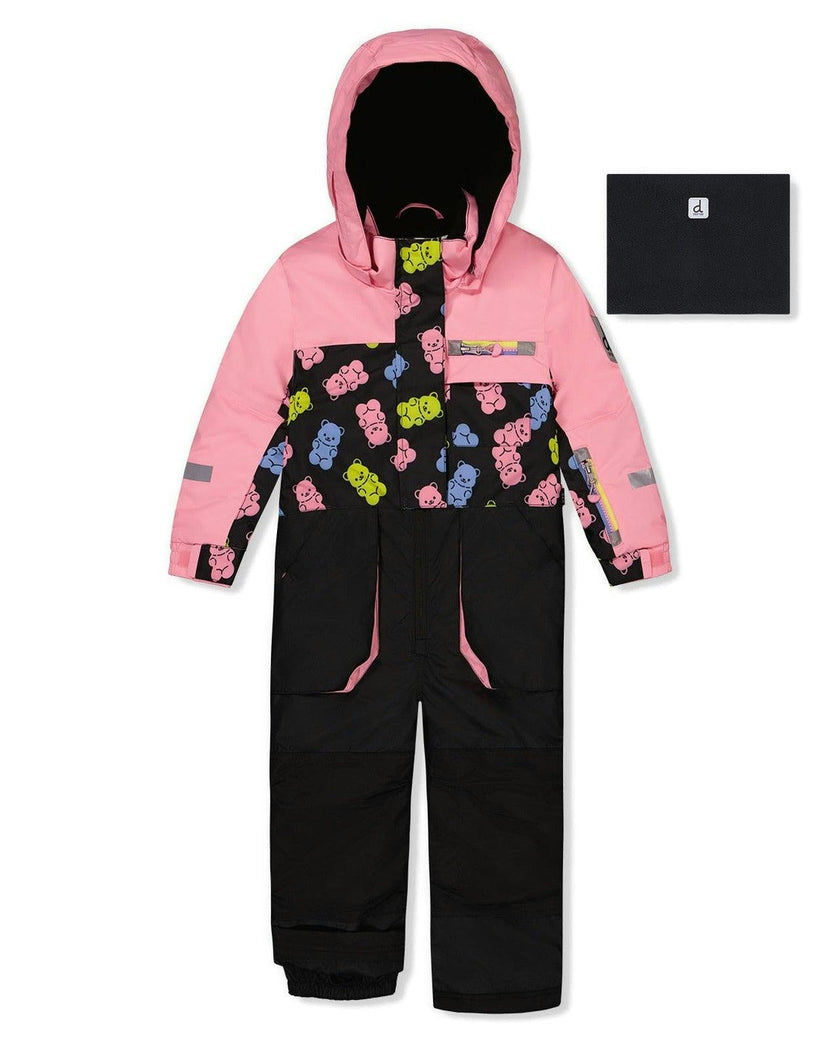 Kids One Piece Play Snowsuit Pink And Black Gummy Bear Print