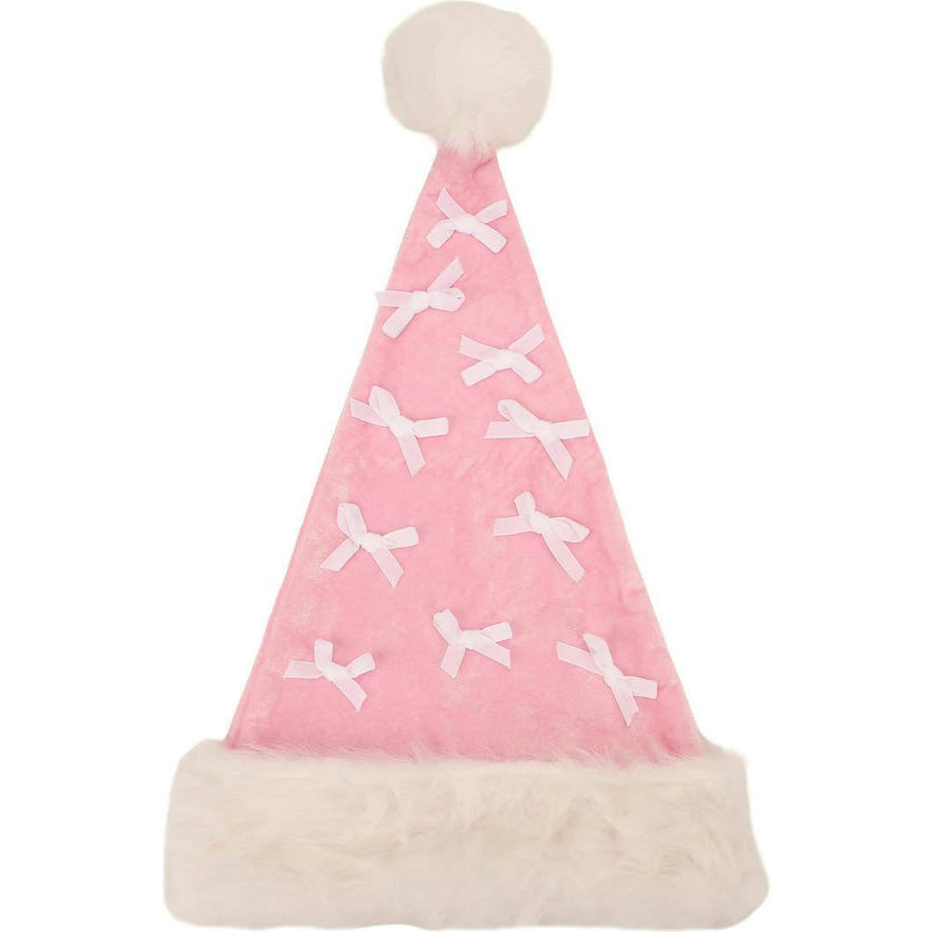 Packed Party Pink Velvet and Bows Santa Hat - Pastel Pink Plush Trim Santa Hat with Festive Bows and Pom Pom for Christmas Parties and Gift Exchanges