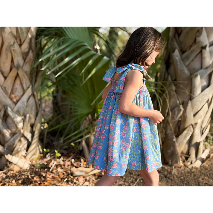 Loblolly Dress in Blue with Pink Bougainvillea