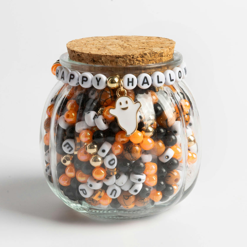 Happy Halloween Pumpkin Shaped DIY Letter Bead Jar With Happy Ghost Charm