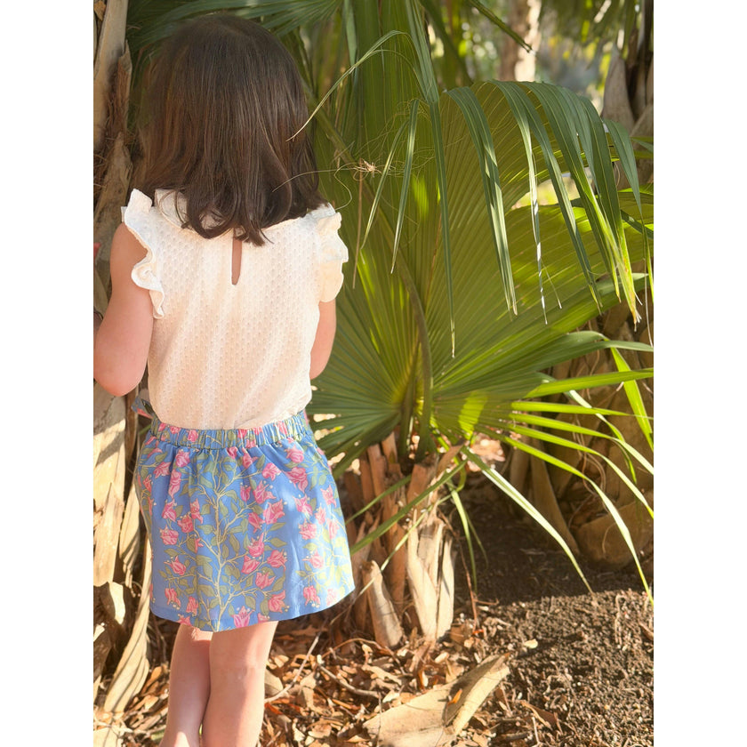 Loblolly Wrap Skirt in Blue with Pink Bougainvillea