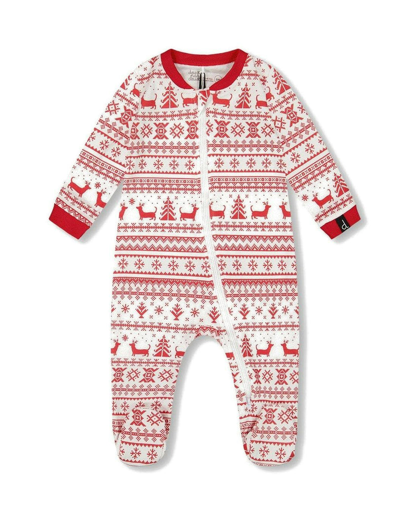 Organic Cotton Baby One-Piece Pajamas Red And White Fairisle