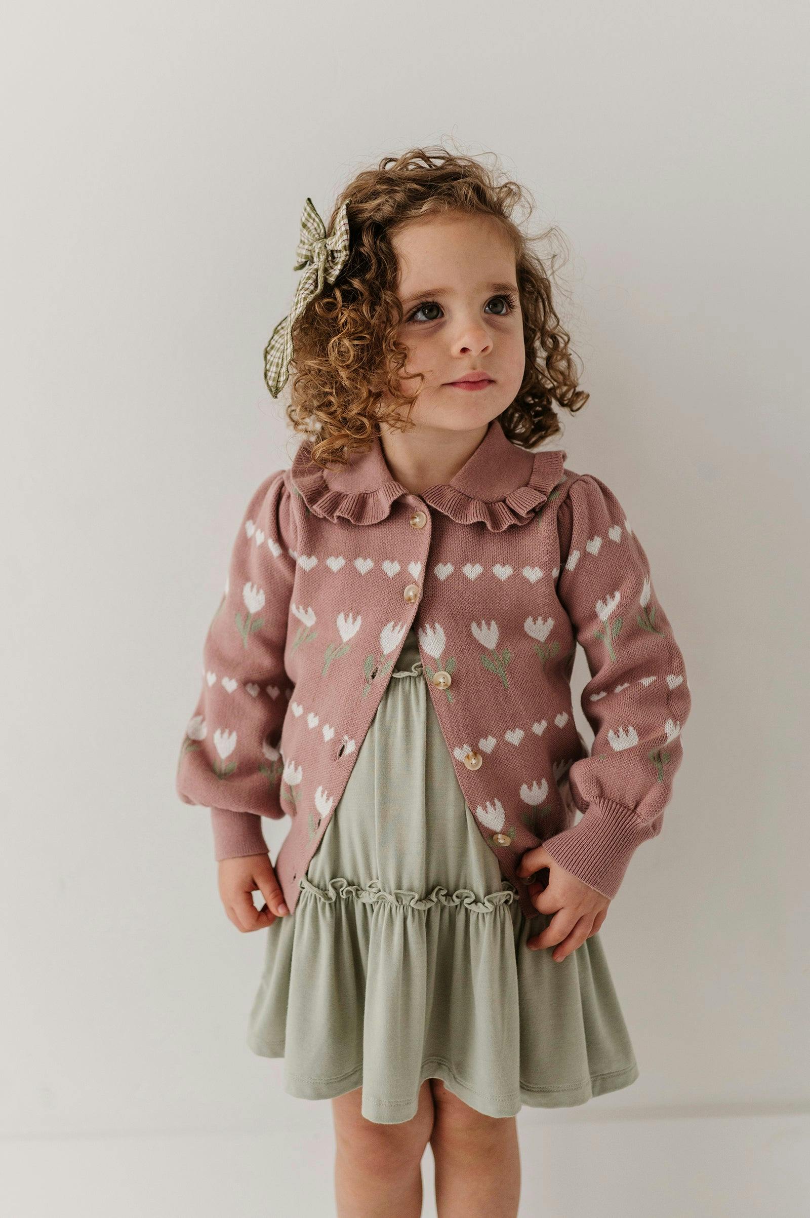 Girls Floral Knit Cardigan in Tulip Heart Intarsia