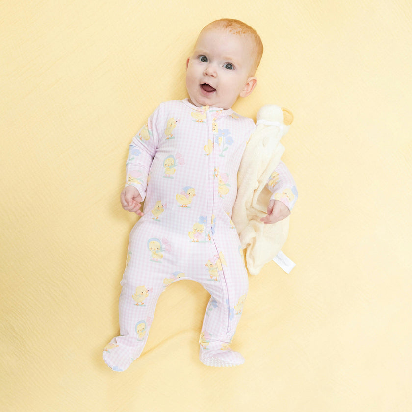 Vintage Spring Ducklings Pink - 2 Way Zipper Footie