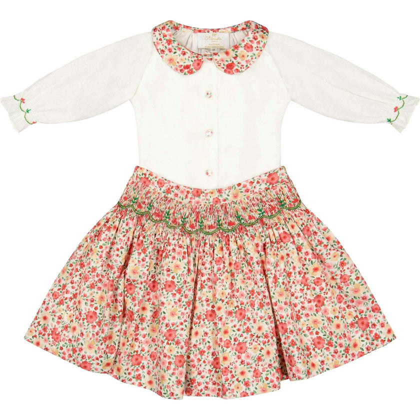 Marie Red Floral Smocked Skirt and Blouse Set