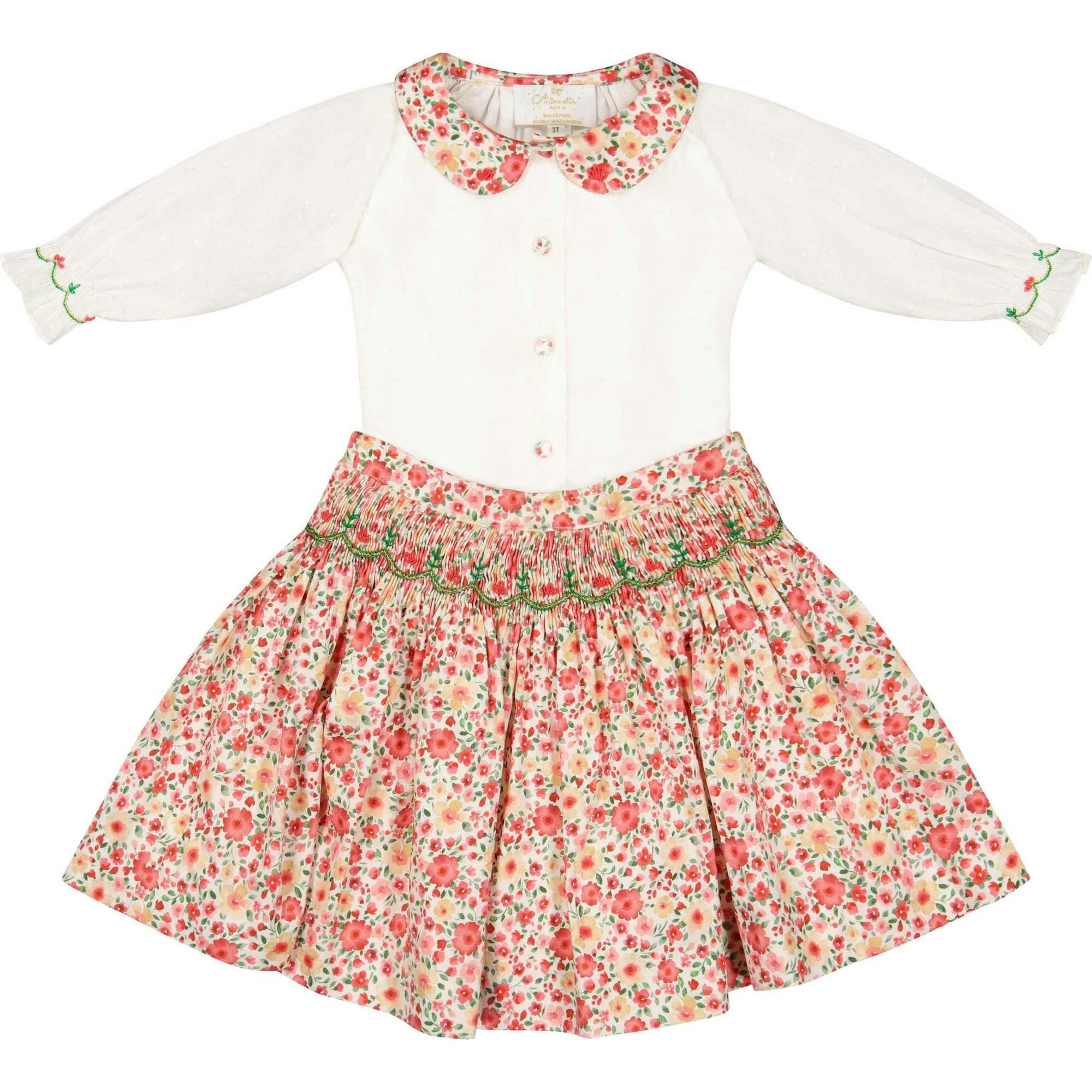 Marie Red Floral Smocked Skirt and Blouse Set
