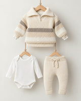Cream 3-Piece Half-Zip Knit Sweater, Bodysuit & Pant Set