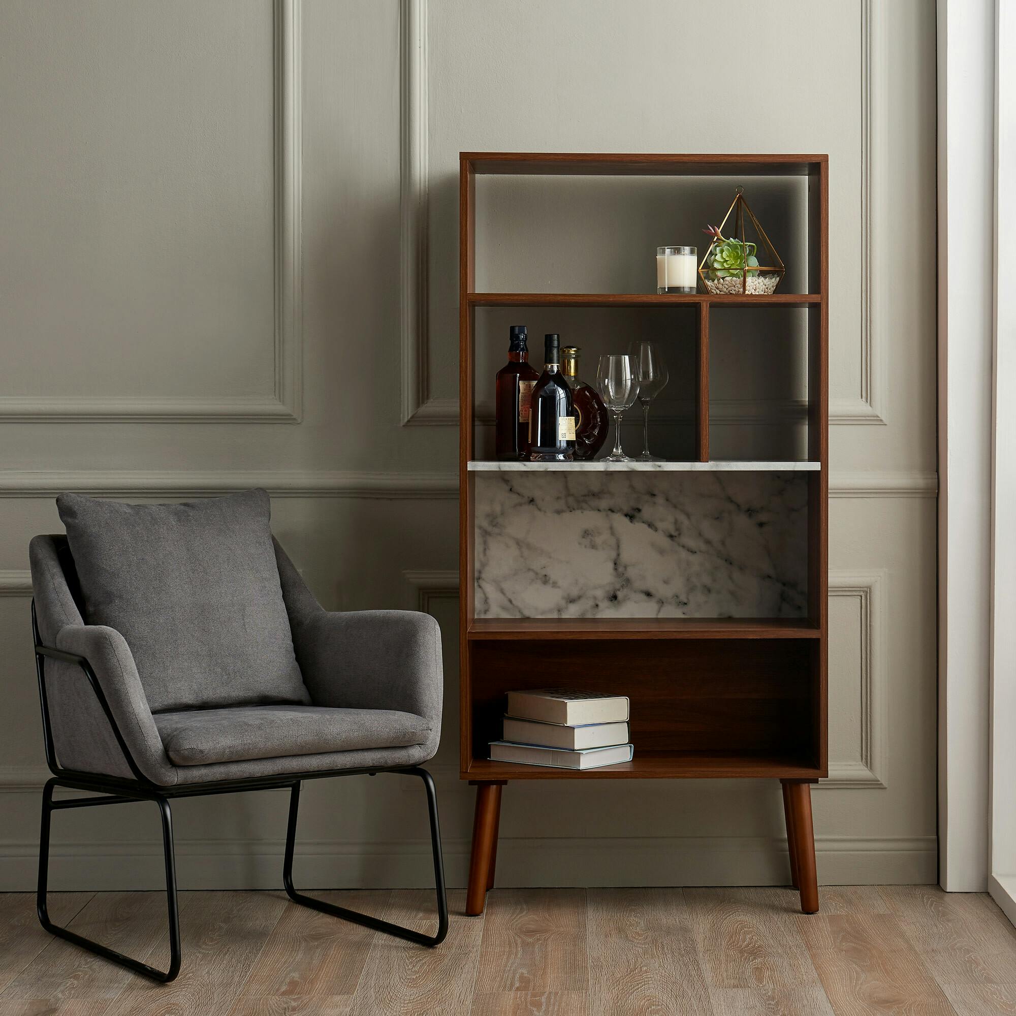 Kingston Wooden Bookcase with Faux Marble Shelf & Accents