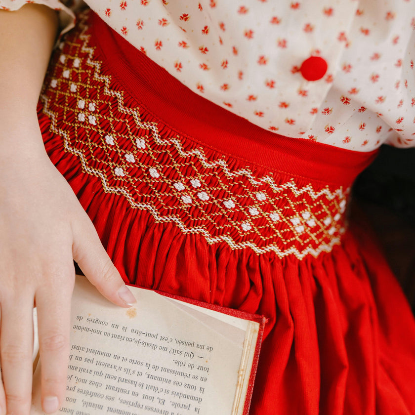 Marie Red Smocked Skirt & Blouse