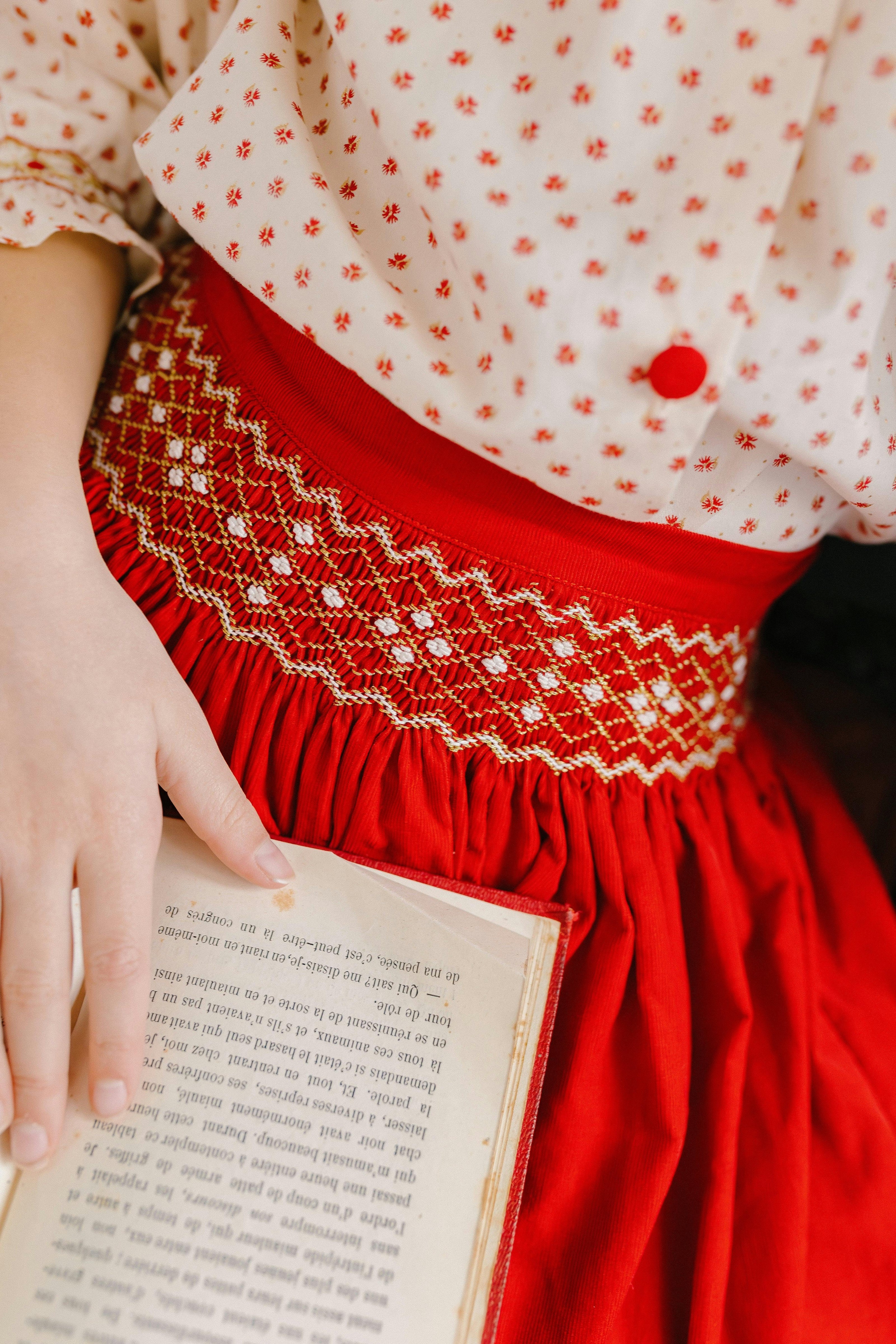 Marie Red Smocked Skirt & Blouse