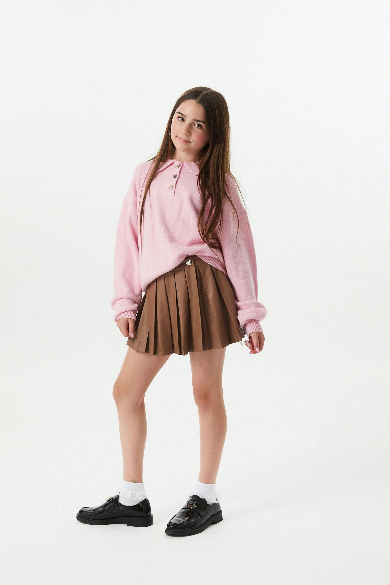 Jane Carmel Brown Vegan Leather Pleated Skort