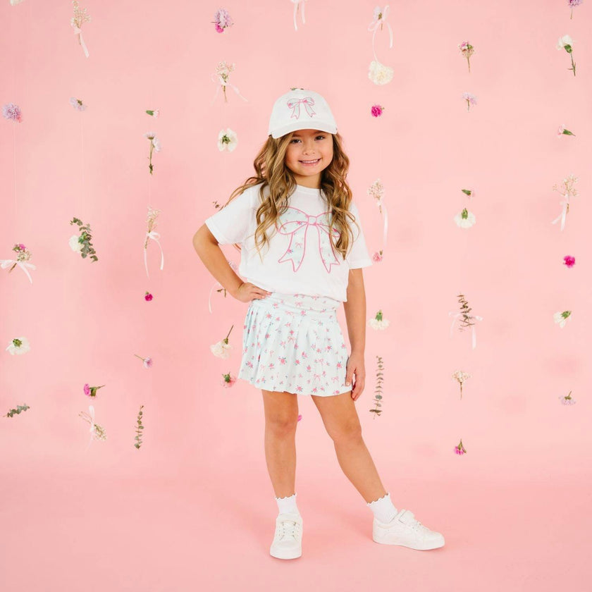 Sky Blue Floral Bow Patch Baseball Hat - White