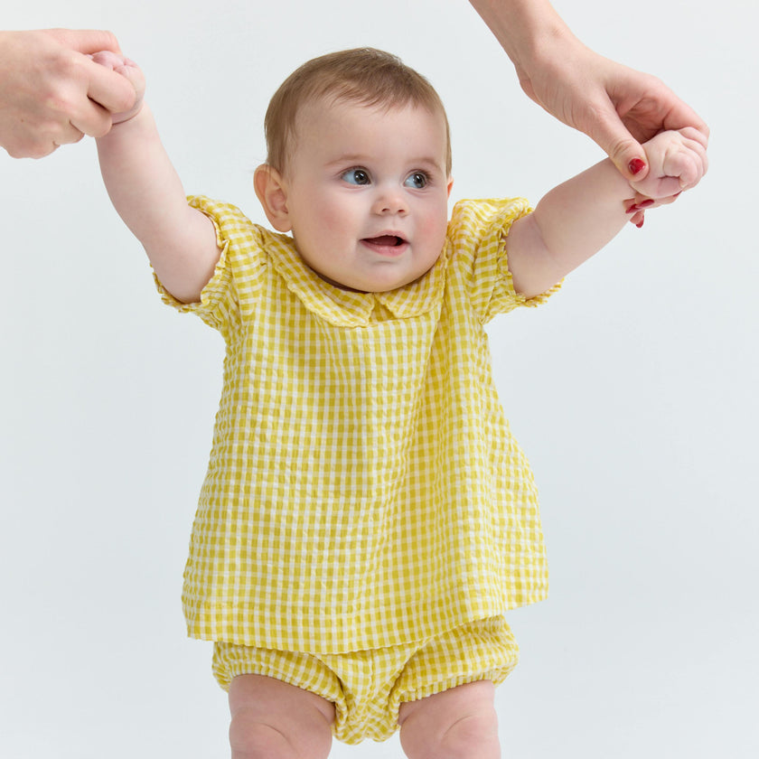 baby girls soleil gingham puff sleeve top and bloomer set