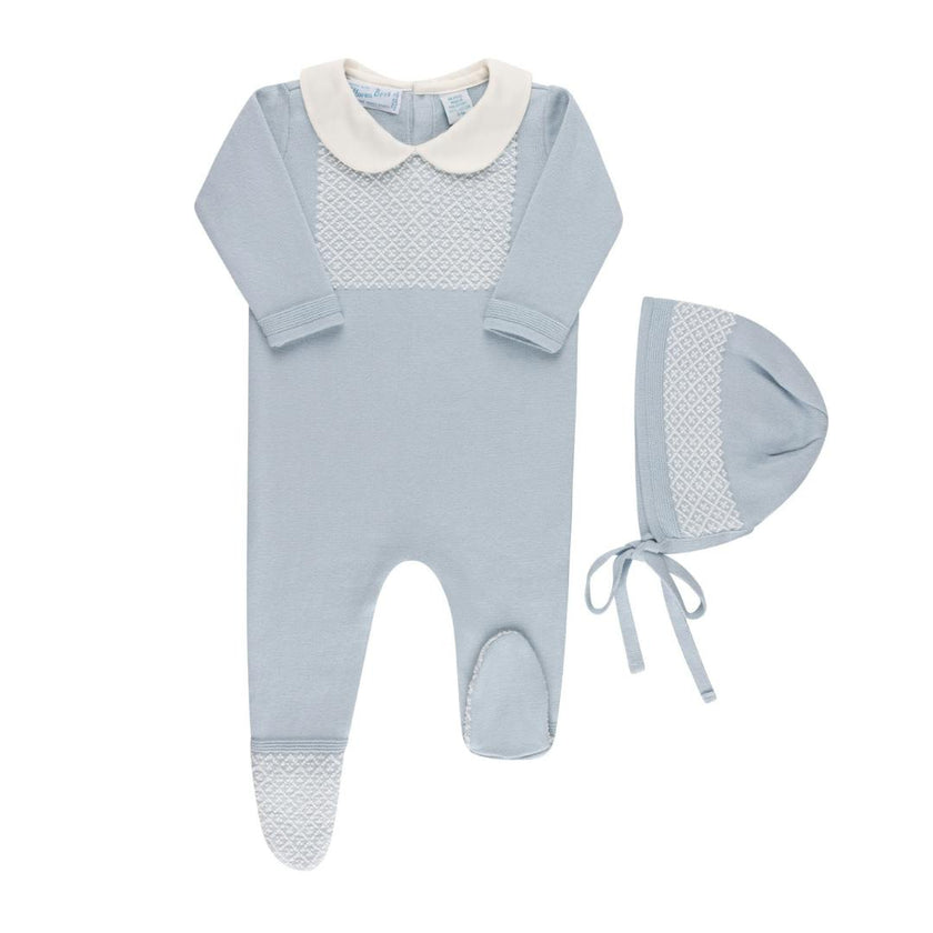 Boys Jacquard Collared Knit Romper & Bonnet Powder Blue
