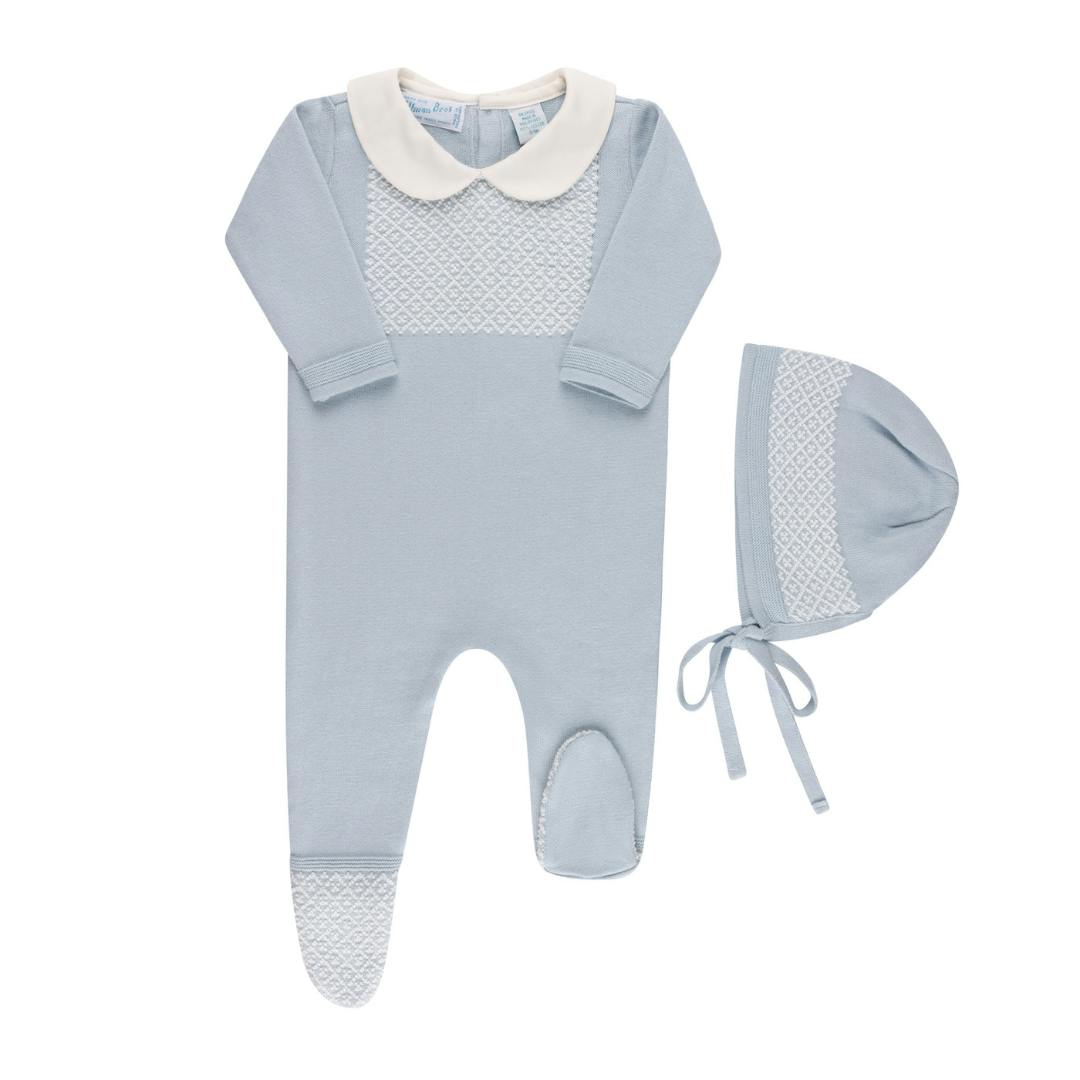 Boys Jacquard Collared Knit Romper & Bonnet Powder Blue