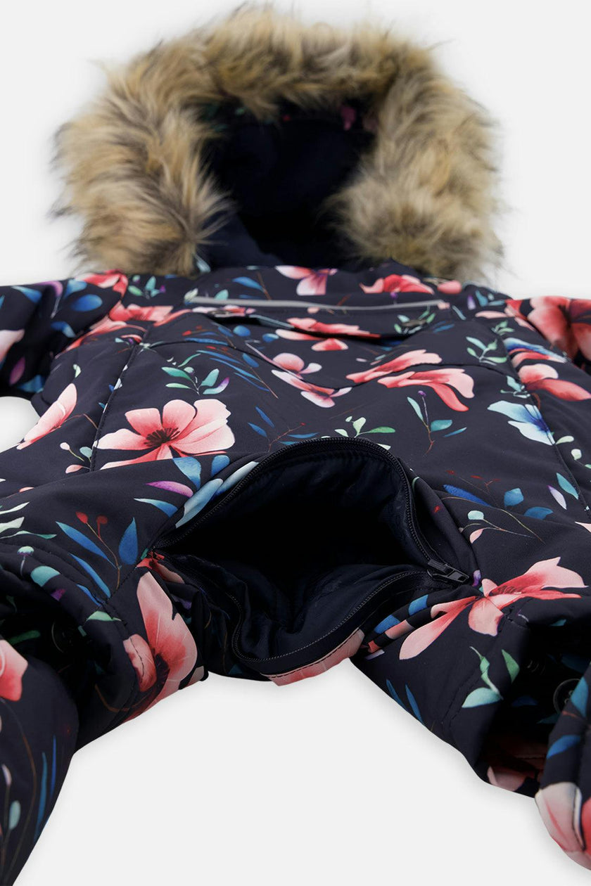 Baby One Piece Snowsuit Adapted For Car Seats Blue Floral Print