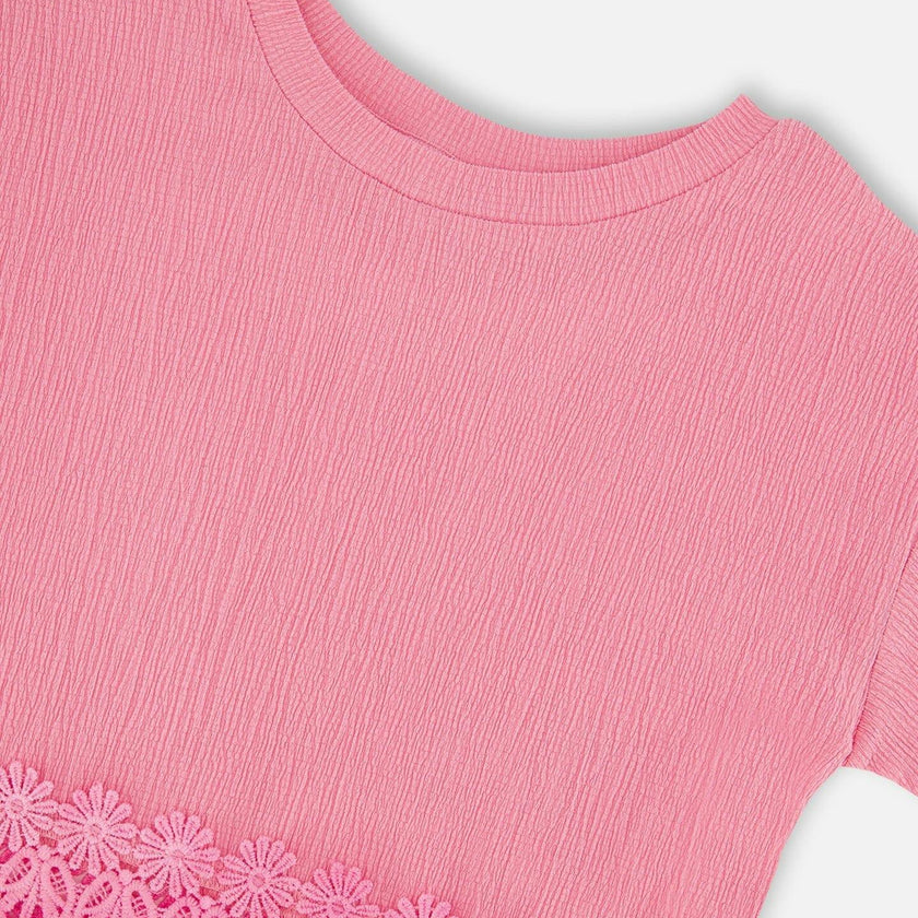 Crinkle Jersey Long T-Shirt With Crochet Insert