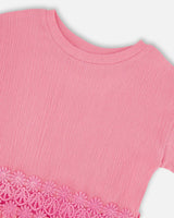 Crinkle Jersey Long T-Shirt With Crochet Insert