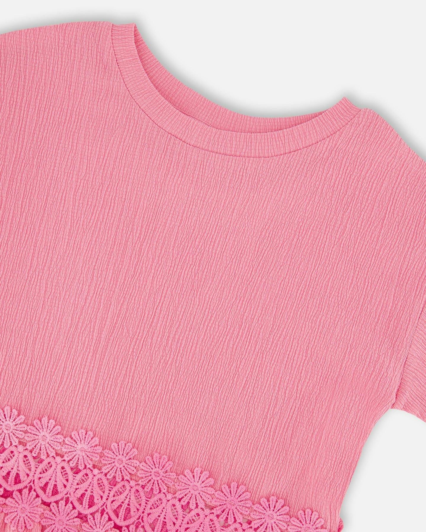 Crinkle Jersey Long T-Shirt With Crochet Insert
