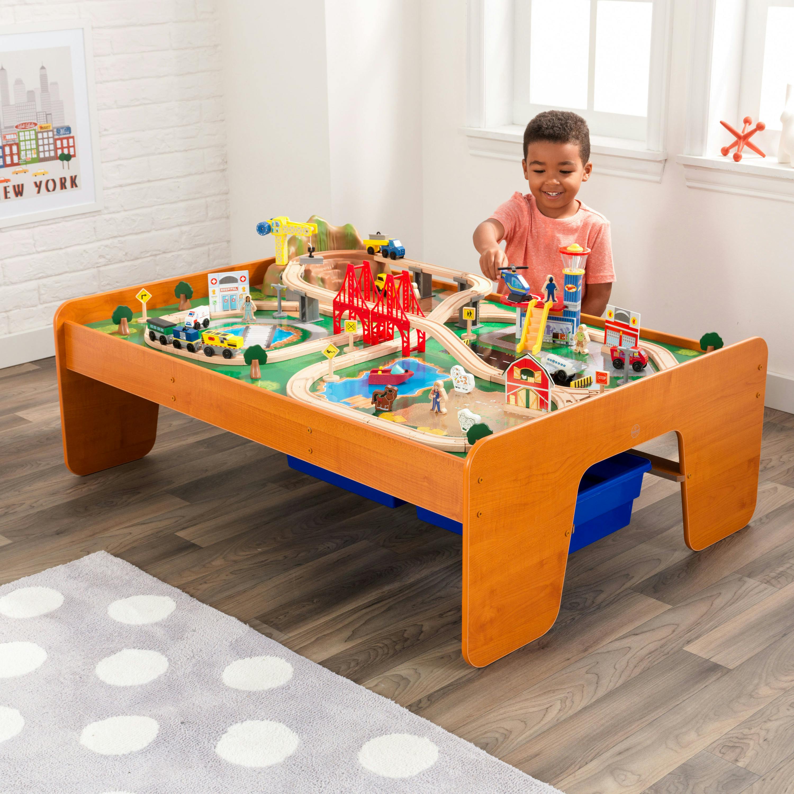 Ride Around Town Wooden Train Set and Table - Honey