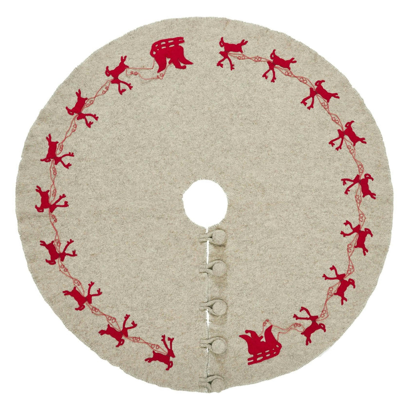 Handmade Reindeer Christmas Tree Skirt- Grey Red Reindeer And Cream Whip Stitch-72"