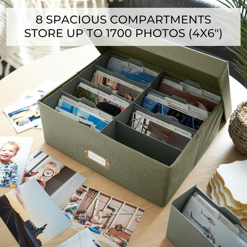 Decorative Photo Storage Box - Sturdy Linen Photo Organizer with Dividers - Stores Up to 850 4x6 Photos - Portable Scrapbook Storage Container with Lid