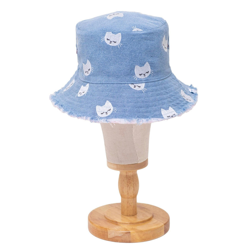 Reversible Kids Denim Bucket Hat – Embroidered Kittens & Pink Canvas Print | Frayed Brim