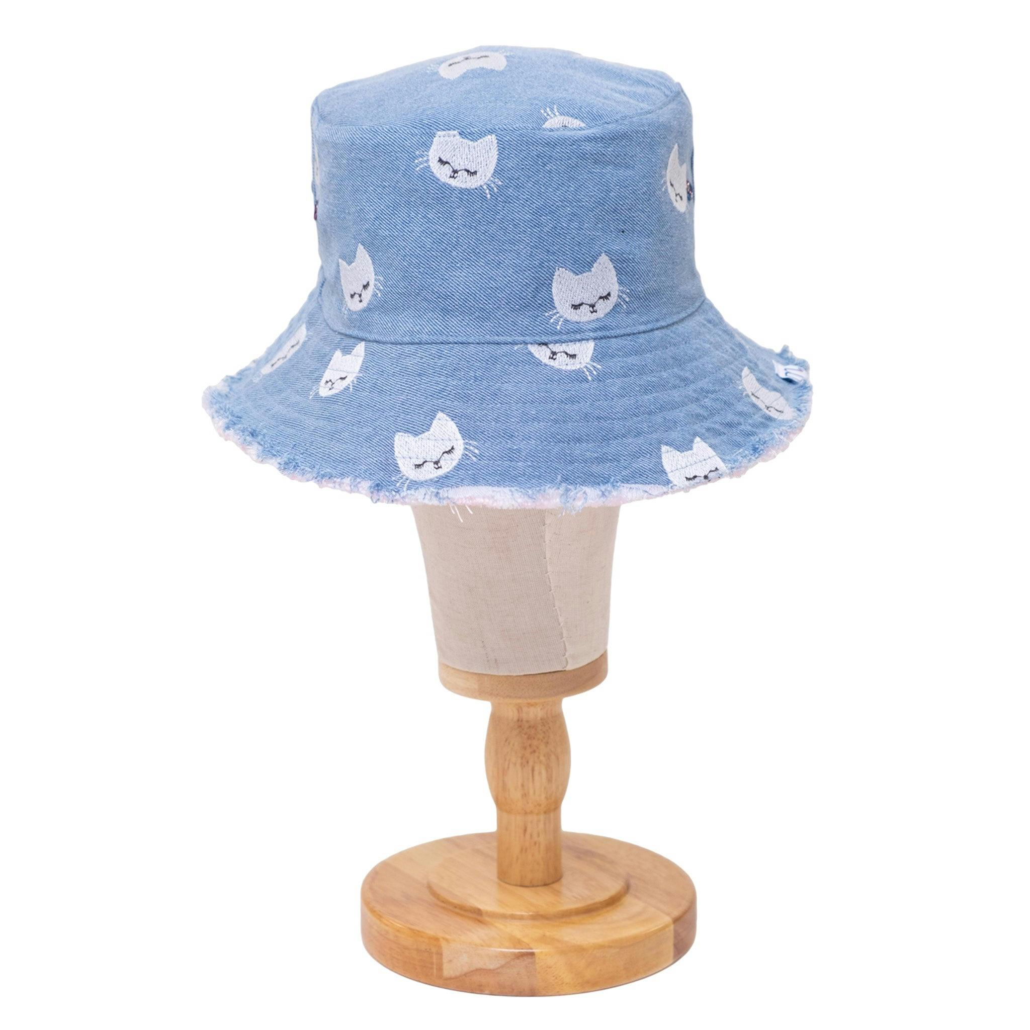 Reversible Kids Denim Bucket Hat – Embroidered Kittens & Pink Canvas Print | Frayed Brim
