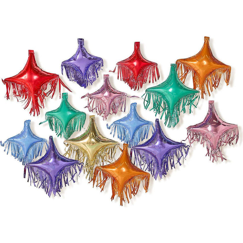 Packed Party Rainbow Fringe Spark Mylar Balloon Pack 14ct - Multicolor Spark-Shaped Balloons with Shiny Fringe Tassels, Large 16x14 and Small 12x10.5 Inch