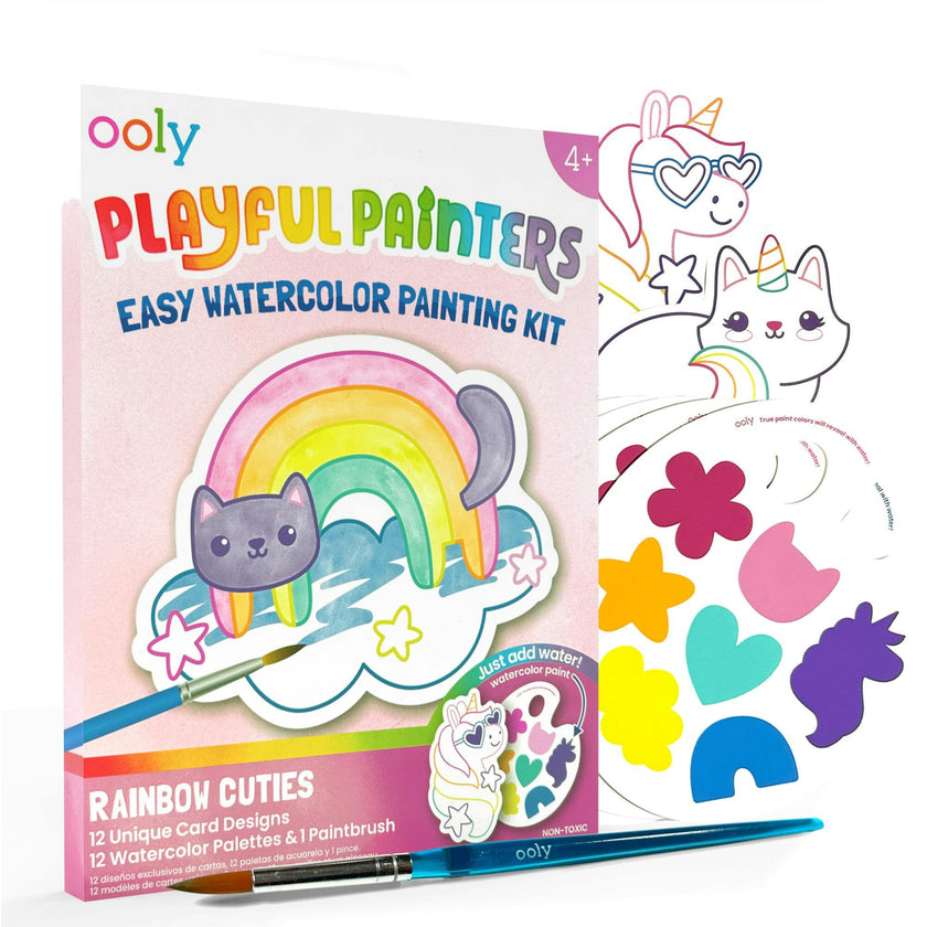 Playful Painters Easy Watercolor Painting Kit - Rainbow Cuties - 12 Cards 12 Palettes 1 Paintbrush