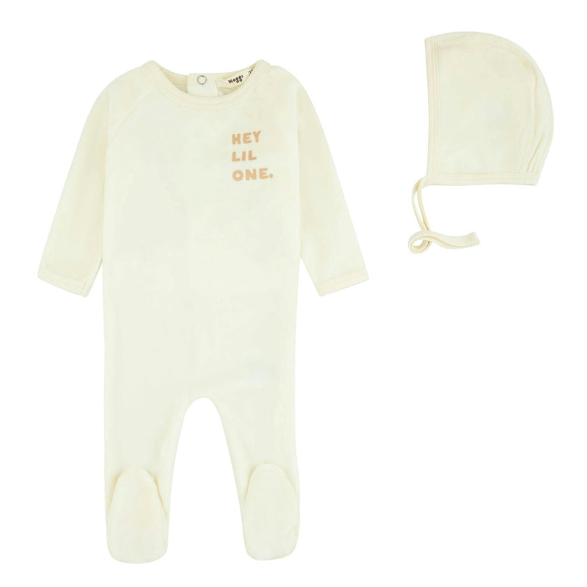 Velour Hey Lil One Footie And Bonnet
