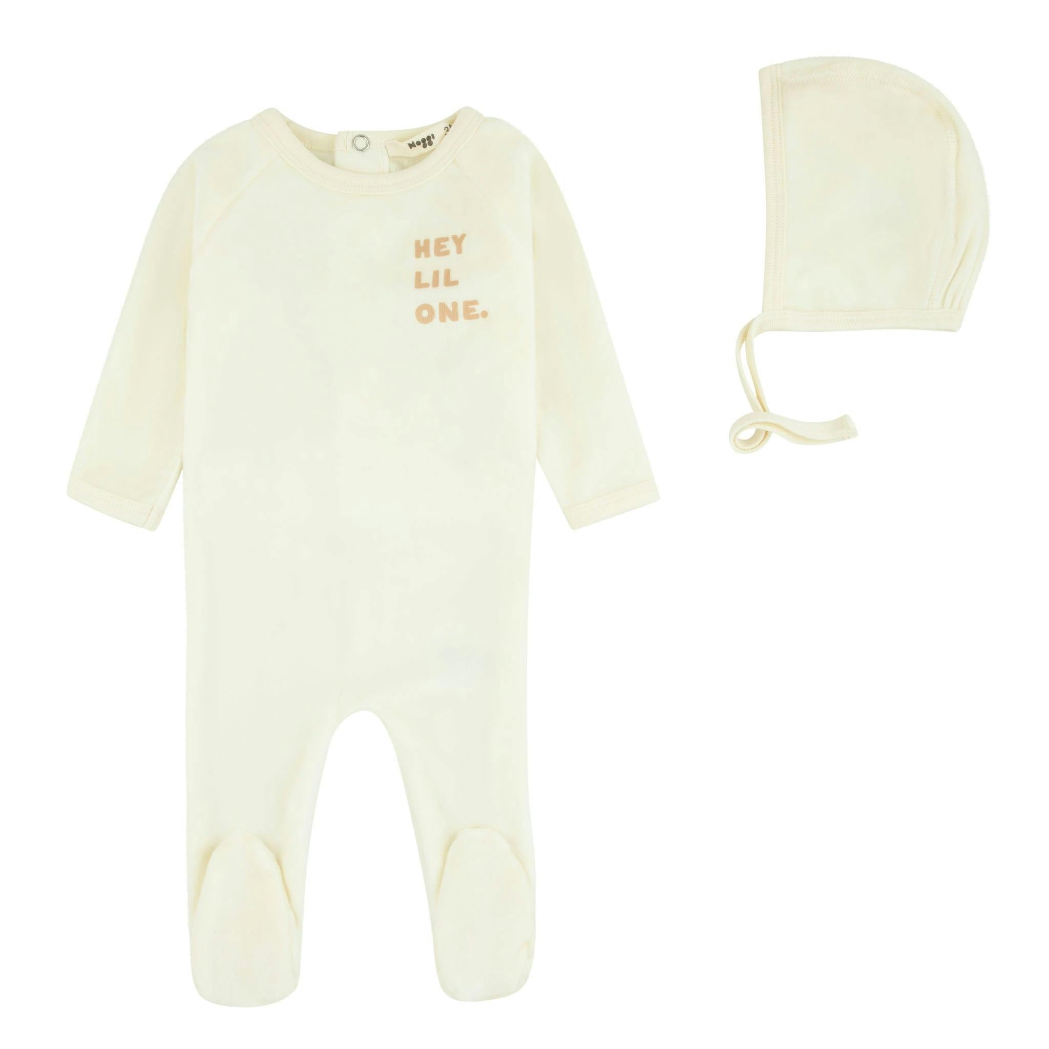 Velour Hey Lil One Footie And Bonnet