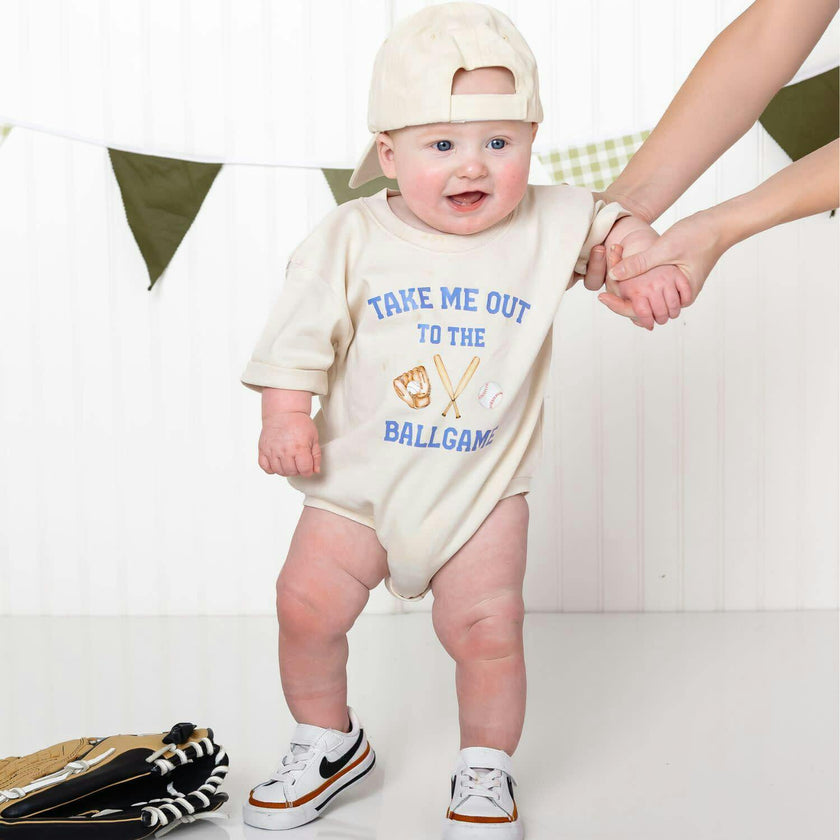 Take Me Out To The Ballgame Short Sleeve Romper - Natural