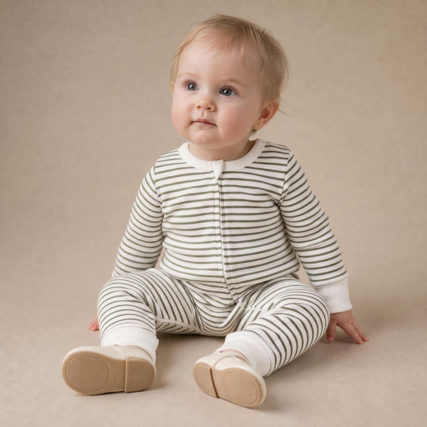 Organic 2-Way Zip Romper - Olive Stripes
