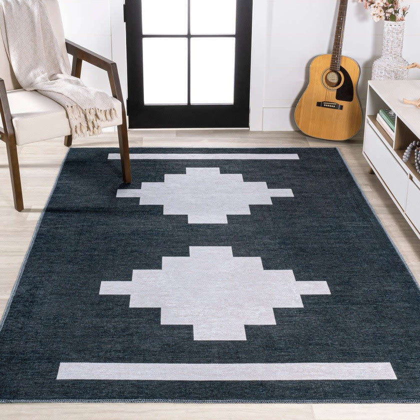 Adriel Geometric Medallion Machine-Washable Area Rug, Navy