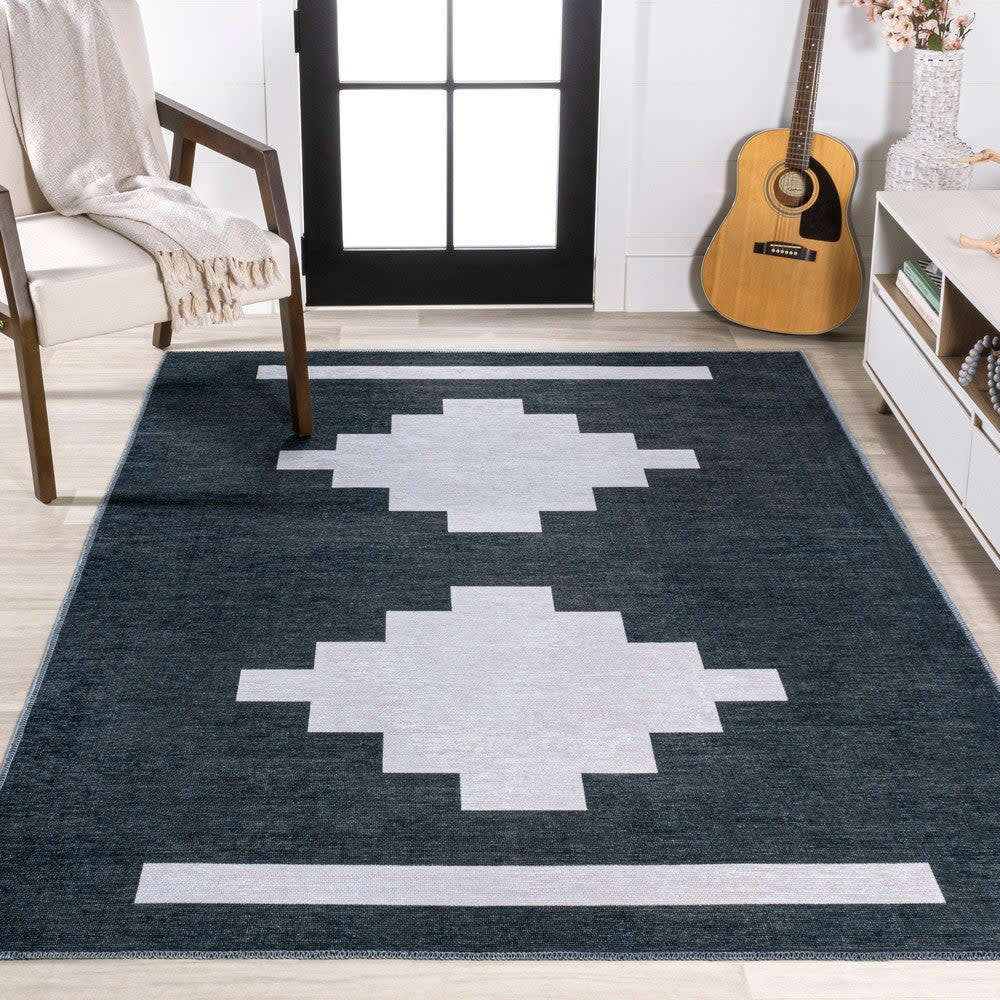 Adriel Geometric Medallion Machine-Washable Area Rug, Navy