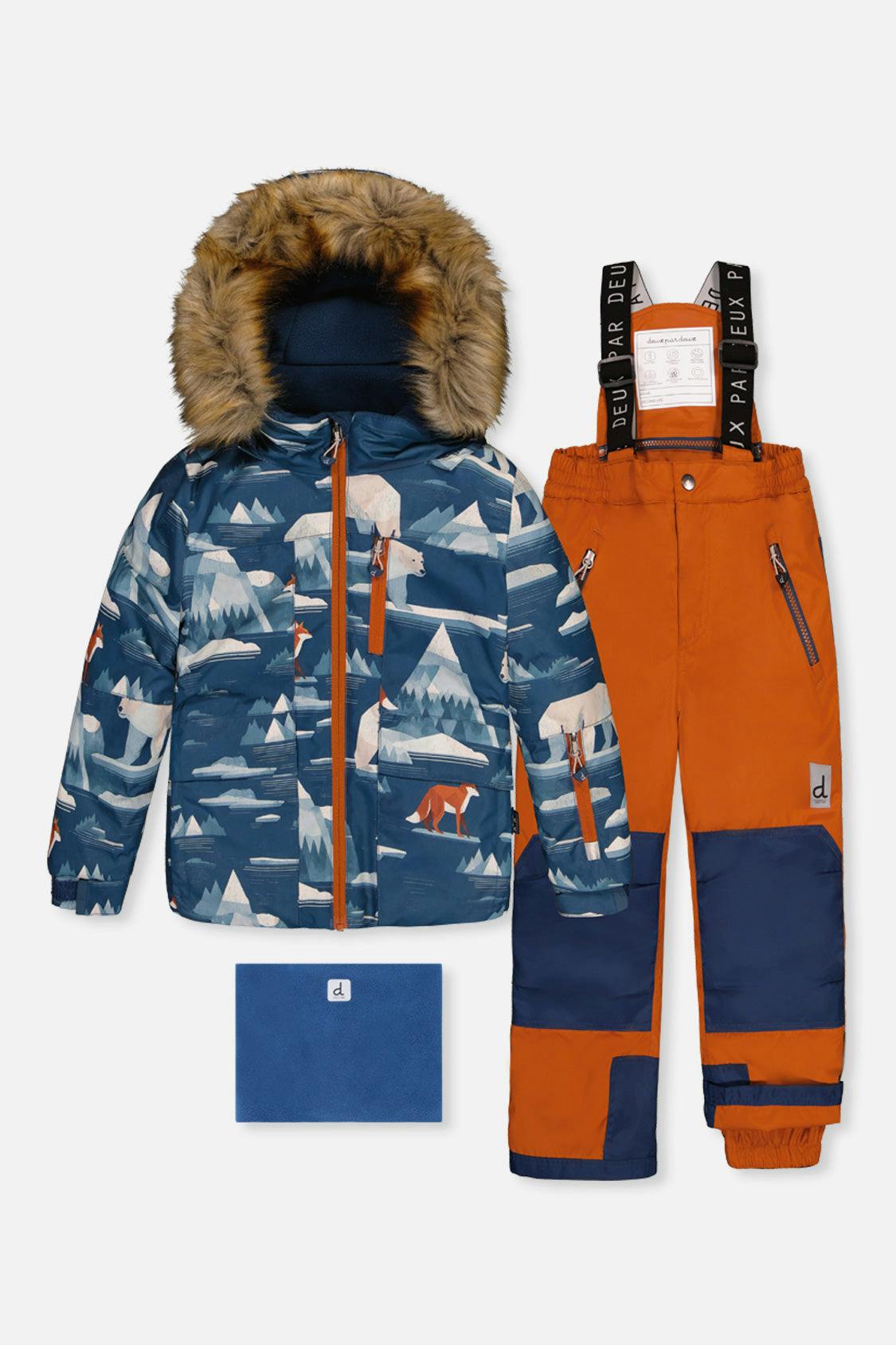 Two Piece Play Snowsuit Blue Bear Print With Rust Pants