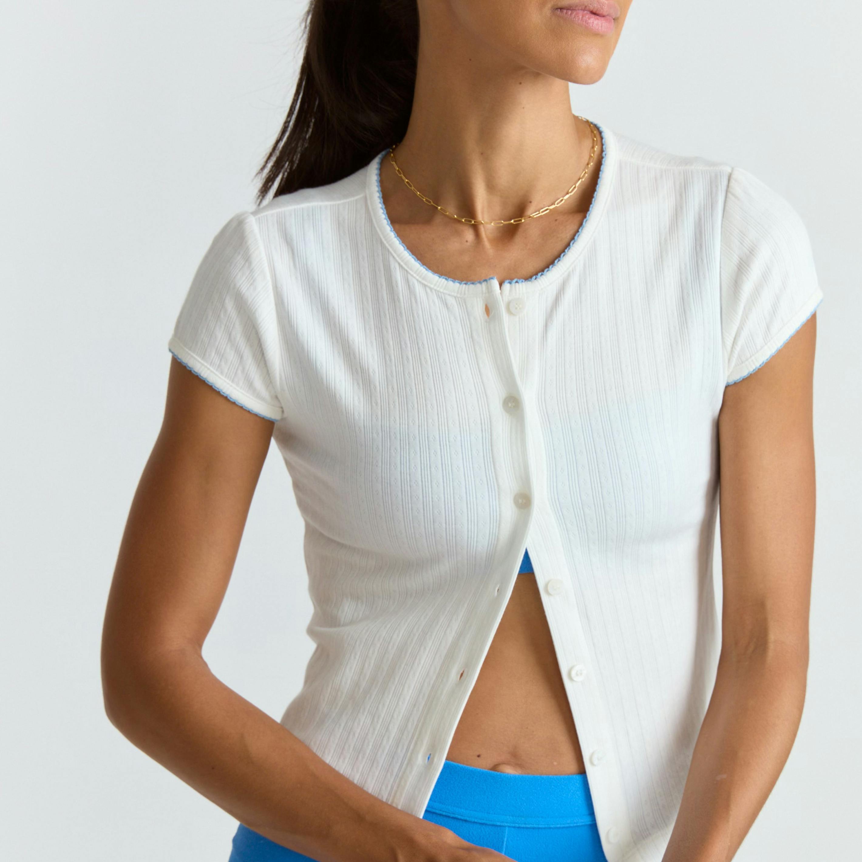 women's white pointelle short sleeve cardigan
