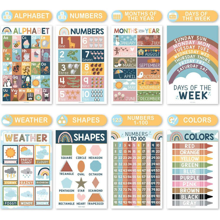 16-Piece Boho Rainbow Prek & Kindergarten Posters & 9-Piece Phonics & Vowels Posters