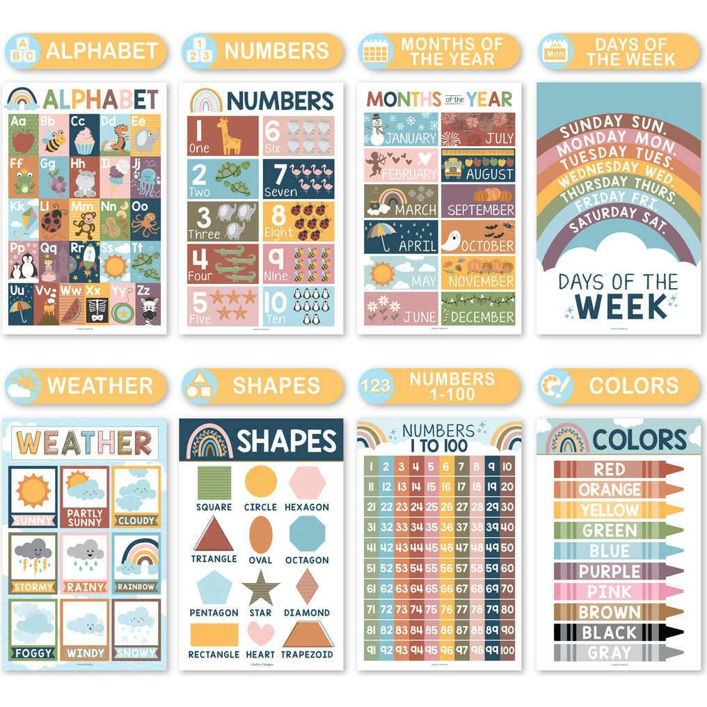 16-Piece Boho Rainbow Prek & Kindergarten Posters & 9-Piece Phonics & Vowels Posters