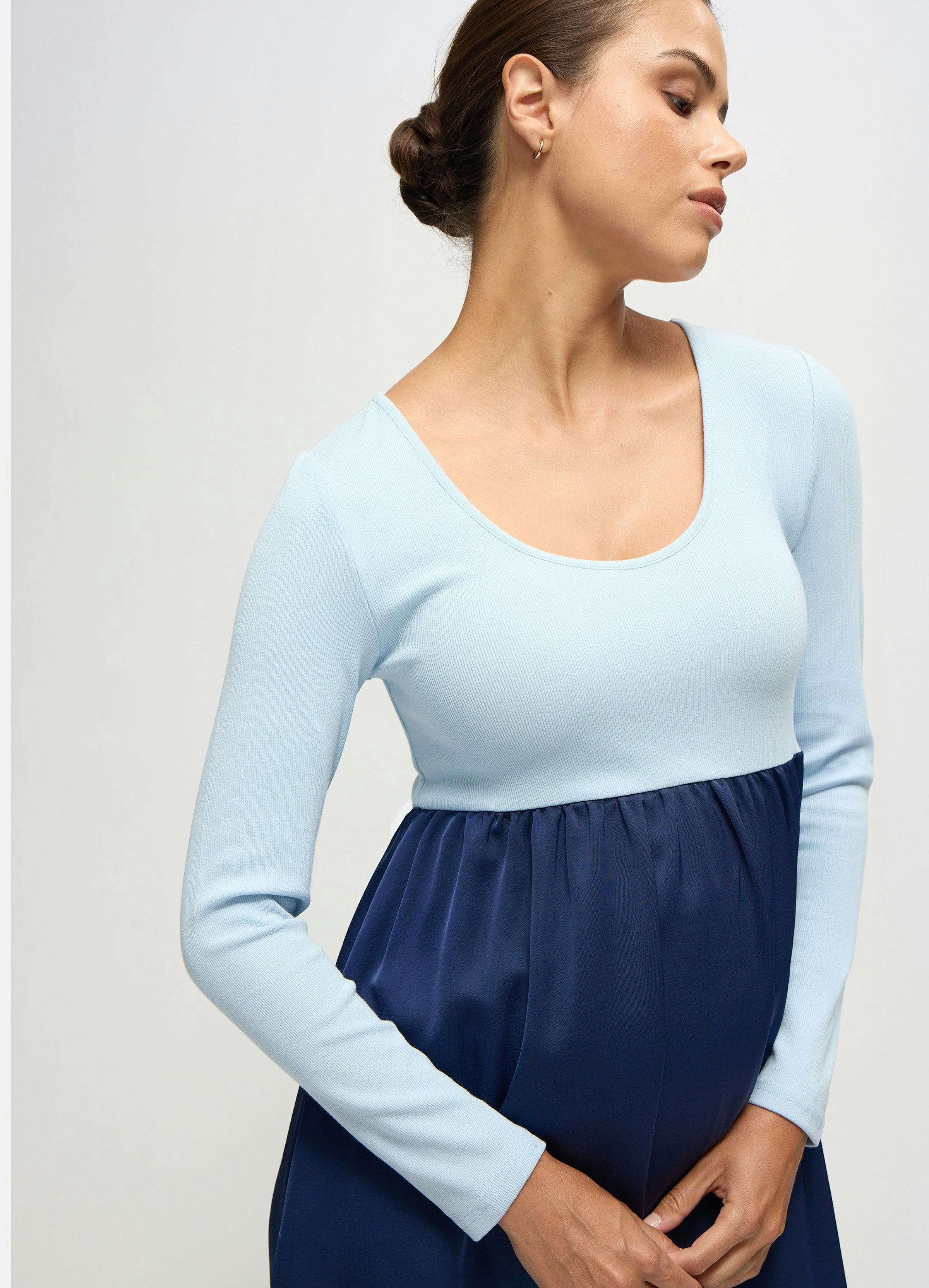 Long Sleeve Knit to Woven Maternity Nursing Midi Dress