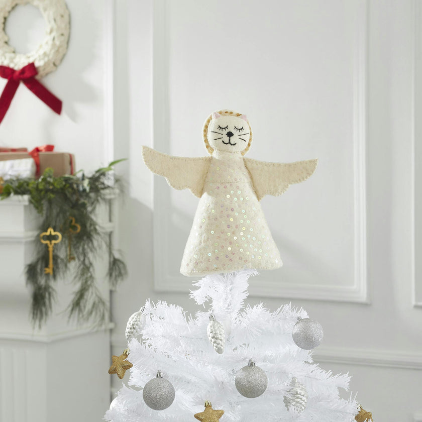 Handmade Cat Angel Felt Christmas Tree Topper Cream